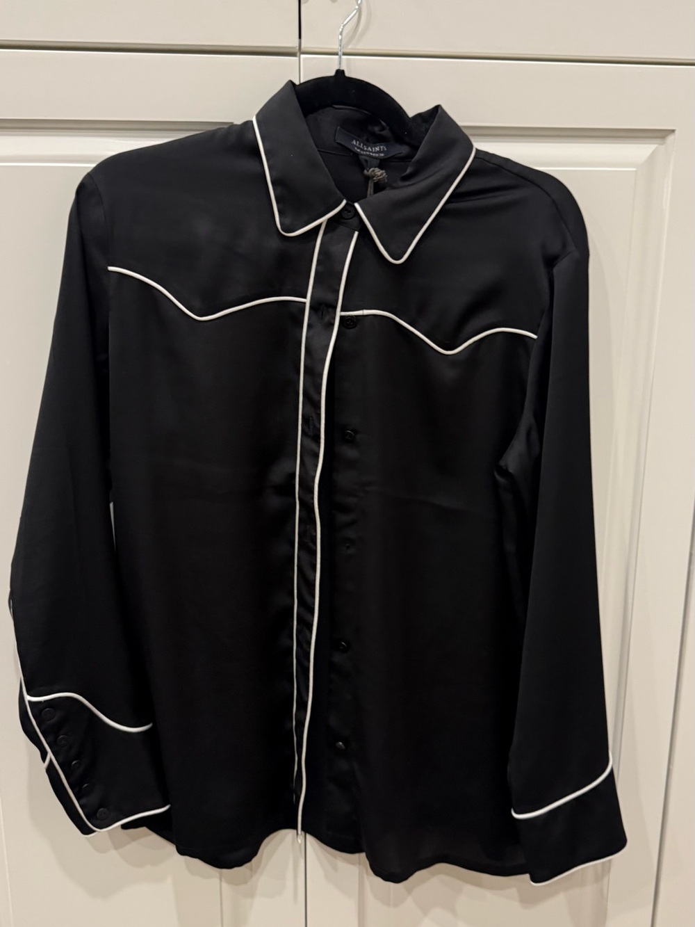All Saints Black Button-Front Shirt with White Piping